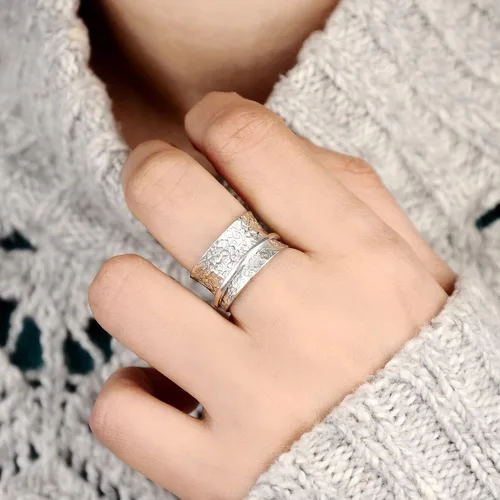Miniatura 7 de Boho-Magic Anillo giratorio de plata de ley 925 para mujer, anillo martillado para inquietos, banda ancha
