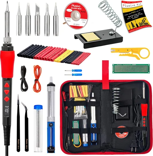 Kit de soldador, bolígrafo de soldadura digital con pantalla LED de 60 W, 5 puntas reemplazables, calentamiento rápido 21 en 1 con cable de