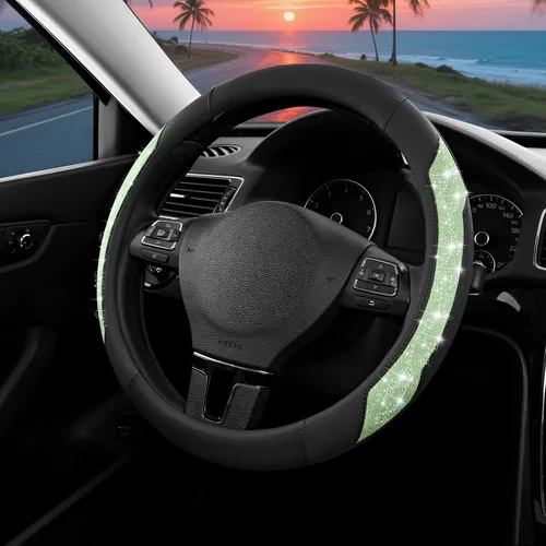 Miniatura 12 de PIC AUTO Funda para volante, purpurina de cristal brillante con cuero negro, ajuste universal de 14.5 a 15.5 pulgadas para volantes de automóvil
