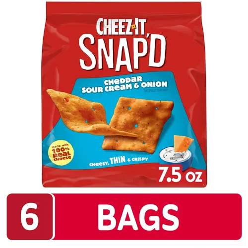 Miniatura 5 de Cheez-It Snap'd Chips de Galletas de Queso, Crujientes Delgadas, Aperitivos para el Almuerzo, Cheddar Crema Agria y Cebolla, Caja de 45oz (6 Bolsas)