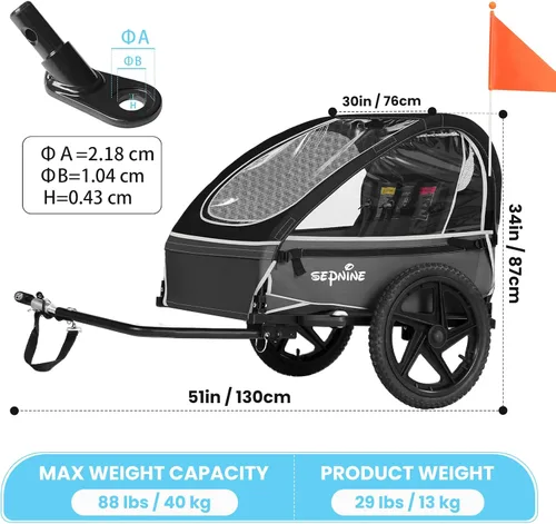 Miniatura 3 de Sepnine Remolque de bicicleta para niños, adecuado para 1 a 2 niños, 12 meses en adelante, fijación rápida a la bicicleta, plegable, con arnés de 5