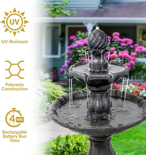 Miniatura 4 de Sunnydaze Fuente de agua solar de 2 niveles de 35 pulgadas con respaldo de batería, bomba sumergible, resina y fibra de vidrio, color negro