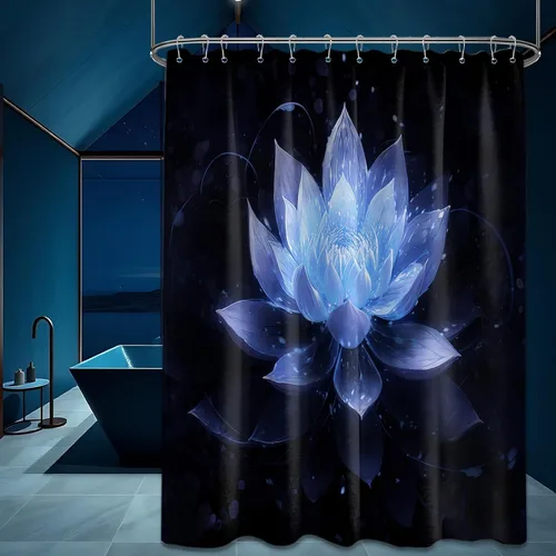 Miniatura 40 de Cortina de ducha con flores de loto negro y azul para decoración de baño, juego de cortinas decorativas de baño con estampado floral, tela