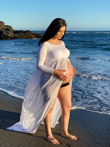 Miniatura 2 de YnimioAOX Vestido de maternidad de manga larga con hombros descubiertos para fotografía vestido de maternidad de gasa para sesión de fotos