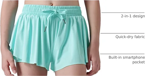 Miniatura 11 de Paquete de 3 pantalones cortos fluidos para niñas con forro de elastano, 2 en 1, faldas de mariposa para jóvenes, para fitness, correr, deportes