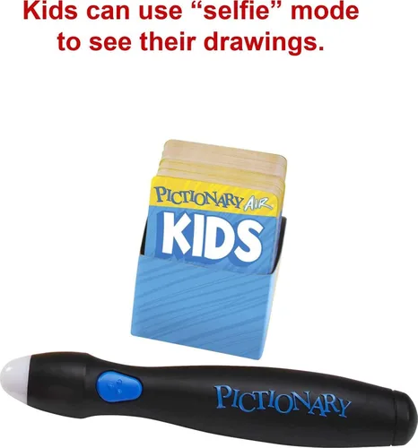 Miniatura 5 de Mattel Games Pictionary Air Kids Vs. Grown-Ups Juego familiar para la noche de juegos con bolígrafo de luz y tarjetas de pistas, se conecta a