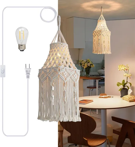 Miniatura 9 de Bioaqua Pantalla de Lámpara Boho, Lámpara Colgante Boho Hecha a Mano Pantalla de Lámpara de Macramé con Enchufe Luz Colgante, Luces Colgantes Type3