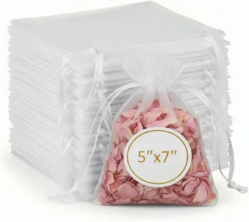 Sukh 100 bolsas de organza de 5''x7'' - Bolsas de malla transparente blanca con cordón para joyas, jabón, frutas, dulces, pequeñas bolsas de regalo