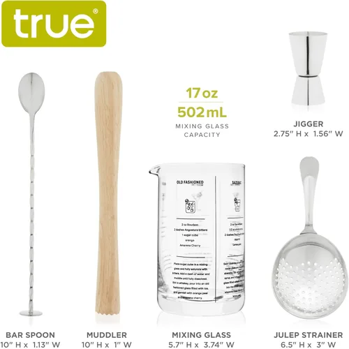 Miniatura 4 de True Kit de barman de mezcla de acero inoxidable, incluye vaso de mezcla de recetas, colador julep, mezclador, doble jigger y cuchara para bebidas