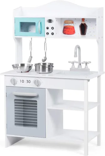 Costzon Juego de cocina para niños, cocina de madera con fregadero, horno, microondas, estufa, ollas, utensilios, juego de cocina con estante, Blanco
