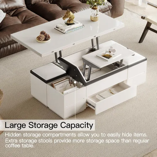 Miniatura 5 de Mesa auxiliar elevable con 4 taburetes, mesa de centro moderna de 47 pulgadas que se convierte en mesa de comedor con ruedas y cajones, mesa central