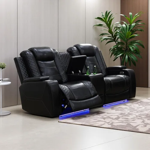 Miniatura 60 de Juego de Sofá Reclinable Eléctrico, Juego de Sofá y Sillón Reclinable de Cuero Negro, Juegos de Muebles de Sala de Estar, Sofá de Dos Plazas