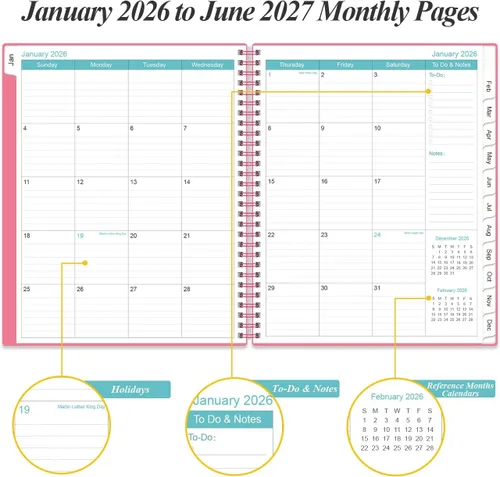 Miniatura 4 de Agenda mensual 2026-2027, calendario mensual de 18 meses, enero 2026 a junio 2027, dos páginas por mes, agenda de 9 x 11 pulgadas con pestañas, Rosa