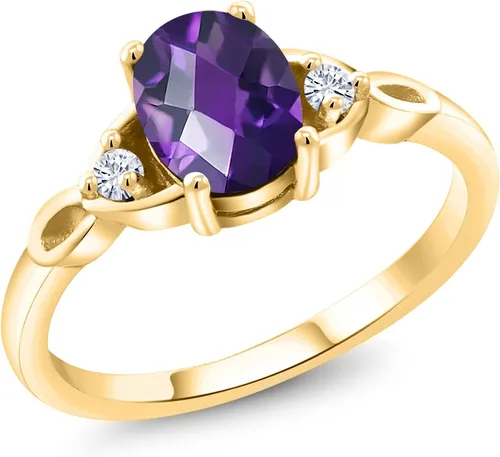 Anillos de 3 piedras de plata chapada en oro amarillo de 18 quilates con amatista púrpura y moissanita blanca para mujer (1.28 quilates, piedra