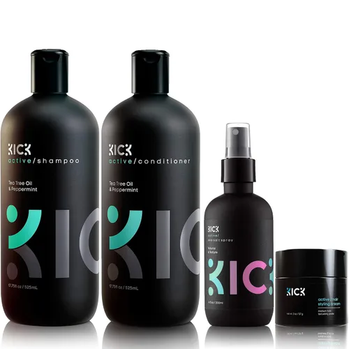 Kick Champú + acondicionador + espray de sal marina + crema formadora de fijación media, paquete de energía para hombre, cuidado y peinado para la