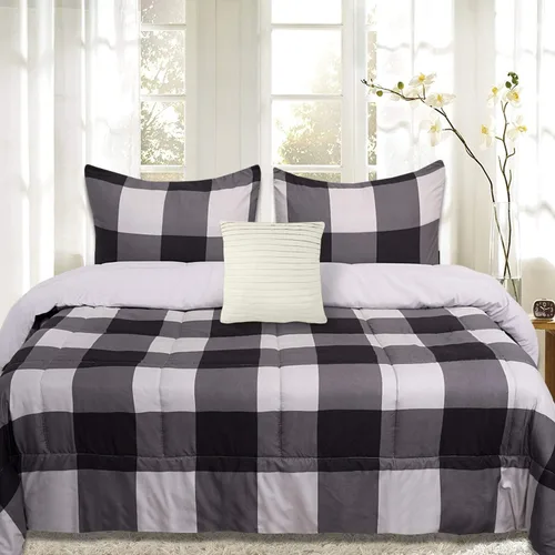 Sweet Home Collection Juego de edredón de 4 piezas con diseño a cuadros de búfalo, suave y lujoso para todas las estaciones, ropa de cama reversible