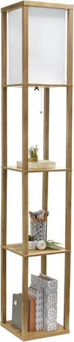 Simple Designs LF1038-WOD - Lámpara de pie moderna de 3 niveles de 62.5" con estante organizador de almacenamiento tipo étagère con pantalla de lino