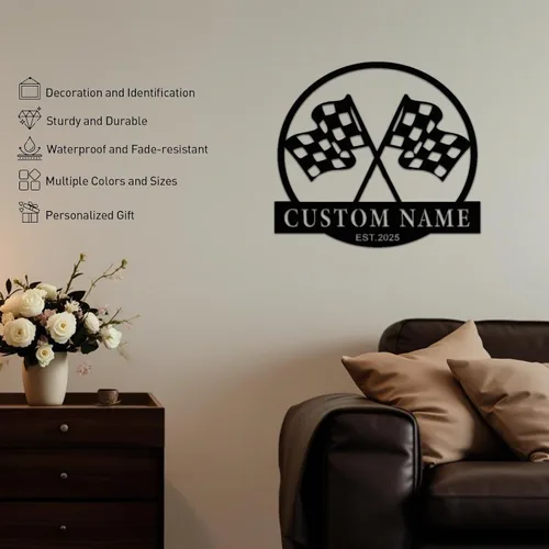 Miniatura 2 de Letrero de metal personalizado con bandera de carreras a cuadros, arte de pared de metal personalizado, letrero de nombre con monograma de bandera a