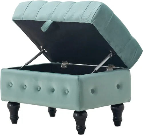 Miniatura 12 de Mesa de Centro Otomana de Almacenamiento Rectangular, Reposapiés Otomana de Dormitorio con Tapicería de Terciopelo Abotonado Capitoné para Sala