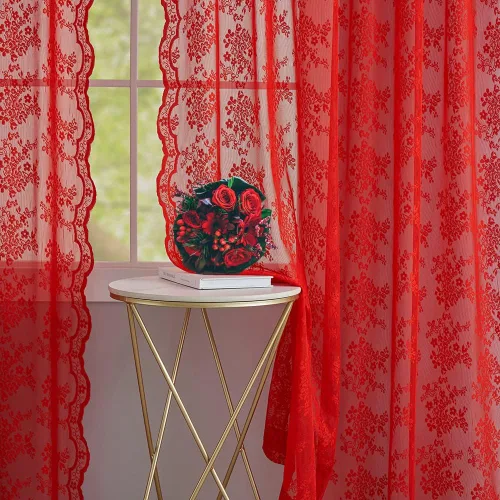 Miniatura 3 de Juego de 2 paneles de cortinas traslúcidas rojas de 63 pulgadas de largo, cortinas de encaje de Navidad para dormitorio, tratamientos de ventana
