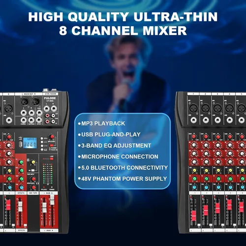 Miniatura 2 de Mezclador de audio de 8 canales, mesa mezcladora de música profesional, consola de mezcla de DJ con Bluetooth, reproductor USB/MP3, reverberación