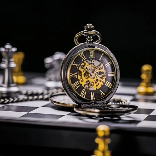 Miniatura 6 de TREEWETO Reloj de bolsillo con doble cubierta de bronce con números romanos para hombre y mujer