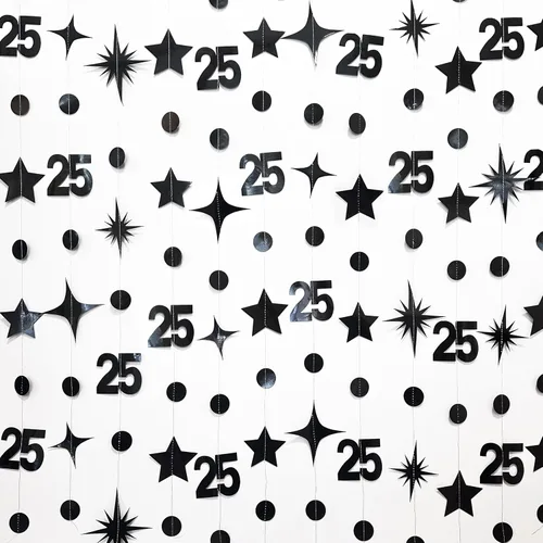 Miniatura 4 de Decoraciones negras de cumpleaños número 25 con círculos, estrellas, guirnalda de serpentina, telón de fondo para mujeres y hombres, saludos a