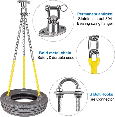 Miniatura 3 de BeneLabel Kit de cadenas oscilantes para neumáticos, rotación de 360°, colgador de columpio resistente con cadenas y ganchos recubiertos
