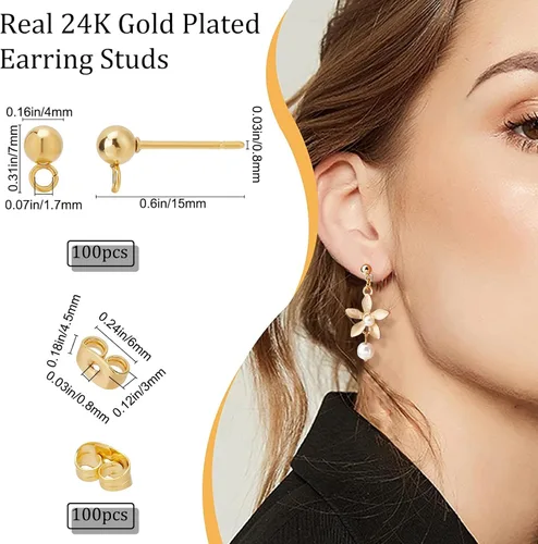 Miniatura 2 de Beebeecraft 100 PIEZAS de Pendientes de Poste de Bola Chapados en Oro de 24K con Lazo, Accesorios para Pendientes con Poste de Bola para Hacer Dorado