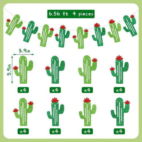 Miniatura 2 de Lewtemi 4 guirnaldas de cactus con purpurina verde, decoración de fiesta temática mexicana para fiesta de cumpleaños, suministros de fiesta de cinco