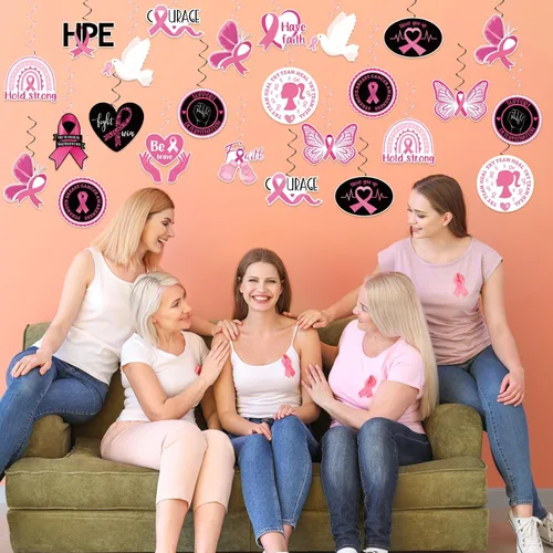 Miniatura 6 de 60 piezas de remolinos de fiesta de concientización sobre el cáncer de mama, cinta rosa, remolinos colgantes, esperanza, fuerza, coraje, fe, negro