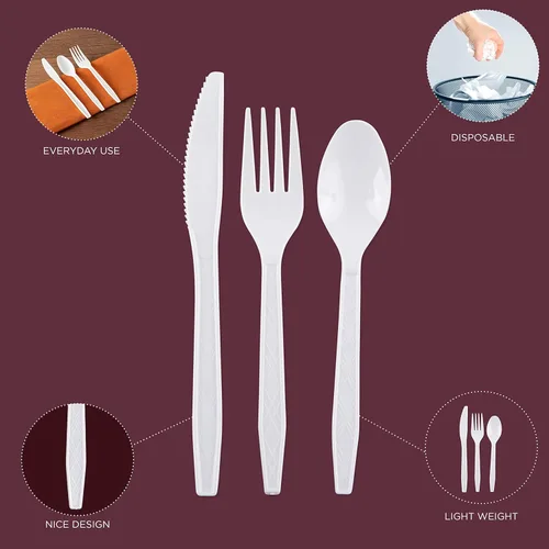 Miniatura 2 de Party Bargains - Cubiertos de plástico blanco 720 piezas: 360 tenedores, 240 cucharas, 120 cuchillos. Argyle Design - Juego de cubiertos desechables