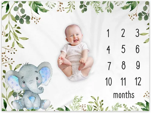 Yuzioey Manta mensual de hitos para bebé, manta de fotos de elefante de safari, regalo para nuevas mamás, Watch Me Grow Baby Boy Greenery Elephant,