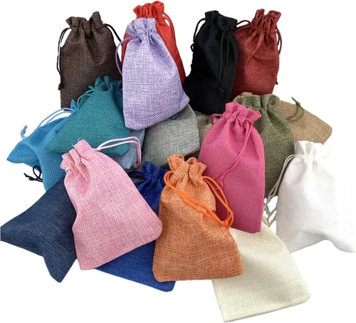 Miniatura 69 de Palmhomee Paquete de 20 bolsas de regalo de arpillera con cordón, bolsas de joyería de lino, bolsas de yute de boda para joyas y bolsas