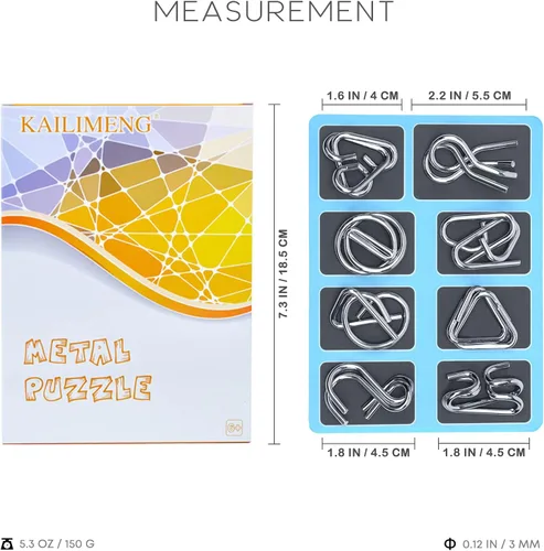 Miniatura 4 de KAILIMENG Juego de rompecabezas de metal, rompecabezas de alambre de metal para adultos – Juego mental 3D IQ rompecabezas, juego de 8 (estilo azul)