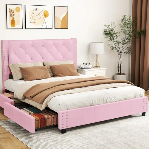 Miniatura 11 de EVLIQUIL - Marco de cama de tamaño matrimonial con 4 cajones de almacenamiento y cabecero, color beige Upholstered Platform Bed Frame with Wood