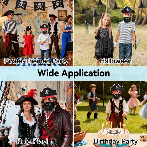 Miniatura 8 de ZeeDix 18 accesorios piratas para niños, incluye 6 sombreros de pirata, 6 parches de ojos y 6 bigotes, decoraciones de fiesta pirata para Navidad