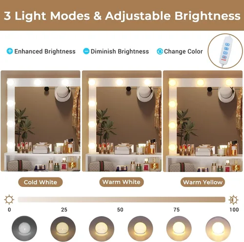 Miniatura 2 de Tiptiper - Tocador de maquillaje con luces y estación de carga, escritorio de tocador grande con espejo y luces, mesa de maquillaje con 5 cajones