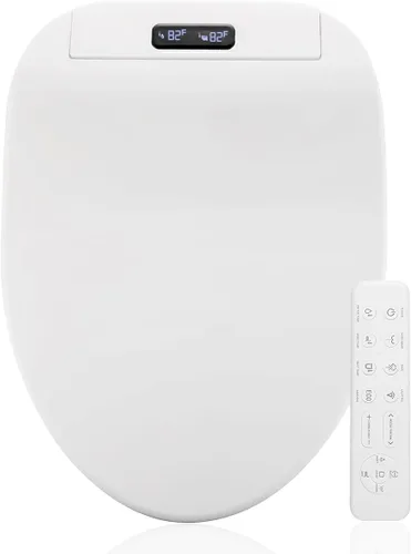 GenieBidet Asiento de inodoro eléctrico con bidé, diseño alargado con calefacción autolimpiante y control remoto inalámbrico, agua caliente