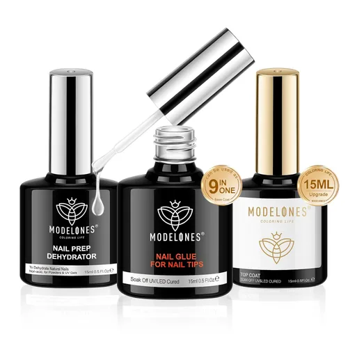 Modelones - Adhesivo en gel para uñas con capa superior y deshidratador de preparación, 3 piezas de 15 ml, kit de adhesivo en gel 9 en 1 para
