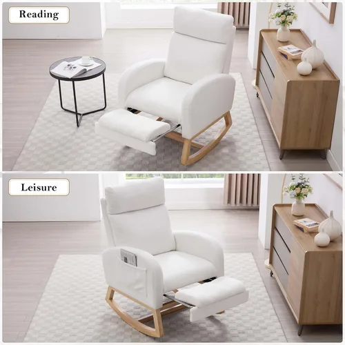 Miniatura 4 de Mecedora de lactancia de 40 pulgadas, sillas de guardería con reposapiés ajustable, respaldo alto, sillón tapizado con bolsillos laterales, mecedora