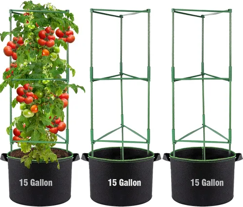Miniatura 9 de ANPHSIN Jaula de tomate triangular resistente con bolsas de cultivo móviles de 7 galones, 3 juegos de macetas de enrejado de jardín de 47 pulgadas