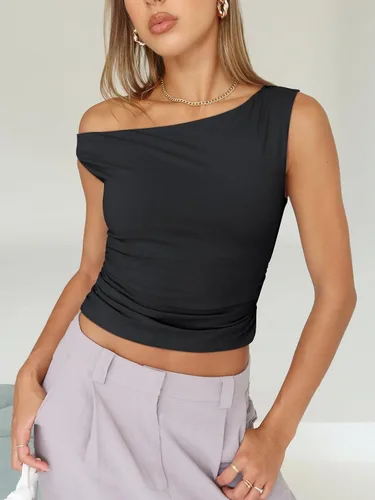 Miniatura 5 de Trendy Queen Camisetas sin mangas con hombros descubiertos para mujer, camisetas sin mangas para salir, ajustadas, trajes de verano Y2K 2024