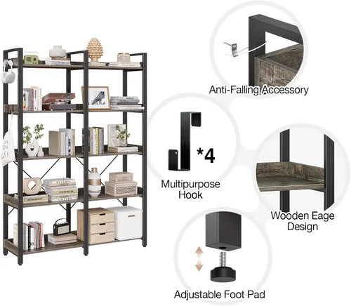 Miniatura 6 de Seventable Estantería grande de 5 niveles, estantería industrial de 63 pulgadas de alto con 4 ganchos, estantería de madera para oficina en casa