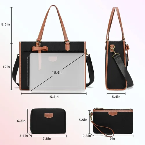 Miniatura 3 de Keyli 3 piezas Bolsa para Laptop para Mujeres, 15.6 Pulgadas Bolsa de Lona Tote Bolsas de Trabajo Grandes Maletín de Computadora de Negocios Bolso