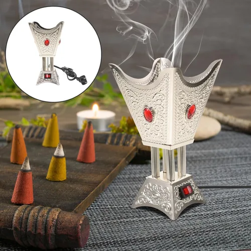Miniatura 9 de COHEALI Quemador de incienso enchufable: soporte de incensario de metal vintage para aromaterapia y relajación, estufa de incienso eléctrica