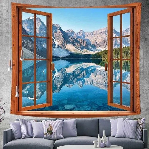 Miniatura 4 de Aidatain Tapiz de ventana de montaña, lago, bosque, escena, paisaje natural, para colgar en la pared, tapices grandes de franela de 84 x 90