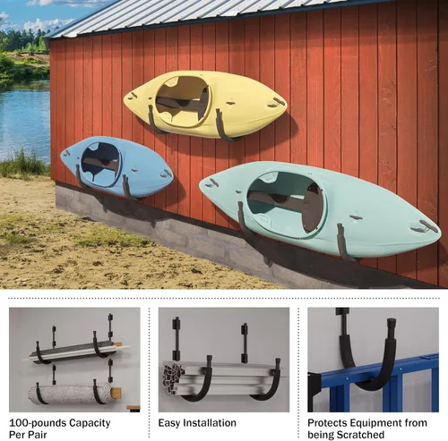 Miniatura 3 de Paquete de 2 ganchos de almacenamiento para kayak, perchas de pared para kayak con capacidad de 100 libras por par para tablas de remo, tablas