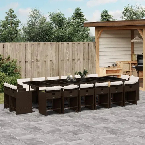 17-Piece Brown Poly Rattan Patio Dining Set with Cream White Cushions, Foldable Chairs and Tempered Glass Table for Outdoor Garden Backyard Patio