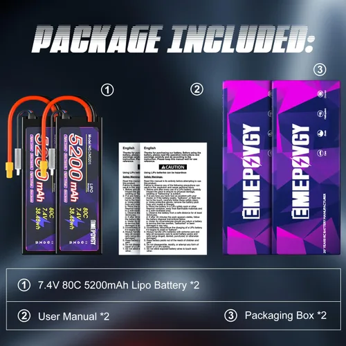 Miniatura 7 de Batería Lipo de 7.4V 2S 5200mAh 80C Lipos Estuche rígido con conector XT60 para coches RC camiones 1/8 1/10 vehículos RC (2 paquetes)